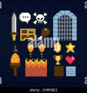 fourteen pixel art icons Stock Vector