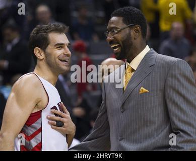 Toronto Raptors coach Sam Mitchell talks with guard Jose Calderon (8)  during free throws in the third quarter at The Palace of Auburn Hills in  Auburn Hills, Michigan on April 17, 2007.