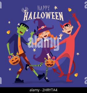 Colored halloween poster group of kids with costumes Vector Stock Vector