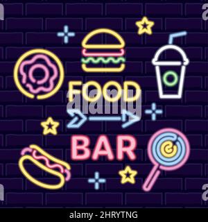 Colored neon poster fast food bar signboard Vector Stock Vector