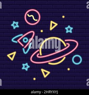 Colored neon signboard spaceship and space icons Vector Stock Vector