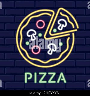 Colored neon poster pizza icon signboard Vector Stock Vector