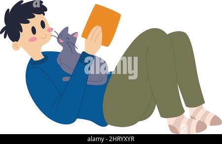 Happy boy reading a book Cute cat Hygge lifestyle. Vector Stock Vector