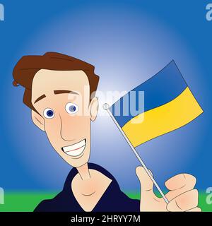 Worried scared man with an Ukranian flag in the hand Stock Vector