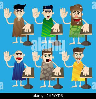 Cartoon prehistoric man raising his hand and put the other on a holy book. Vector illustration of a man from the stone age. Stock Vector