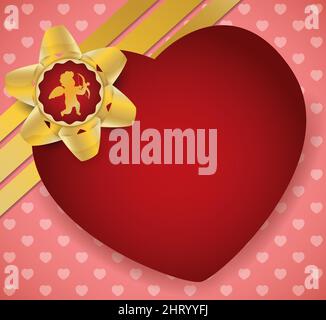 Lovely design with red heart label decorated with golden ribbon and bow with Cupid silhouette, over pink background with heart-shaped pattern. Stock Vector