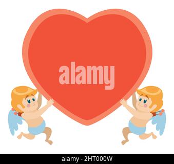 Cute pair of cherubs with heart-shaped arrows, holding a giant red heart with empty space. Design in flat style, isolated over white background. Stock Vector
