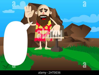 Cartoon prehistoric man raising his hand and put the other on a holy book. Vector illustration of a man from the stone age. Stock Vector