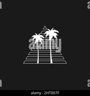 Retrowave aesthetics, the composition of a linear triangle with beach palm tree silhouette. Black and white composition 1980s style. Design element Stock Vector