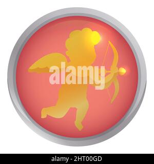 Pink round button with golden cherub like Cupid silhouette inside of it, isolated over white background. Stock Vector
