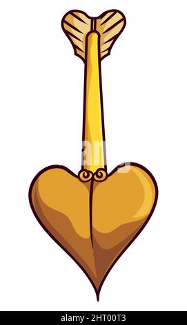 Golden arrow in vertical position, flying straight to you, in cartoon style with outlines over white background. Stock Vector