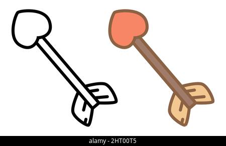 Cute arrow in two versions: one in outlines in black and white style and other colored in flat style. Stock Vector