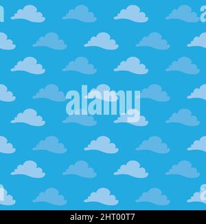 Pattern design in flat style with cartoon clouds and monochrome blue background. Stock Vector