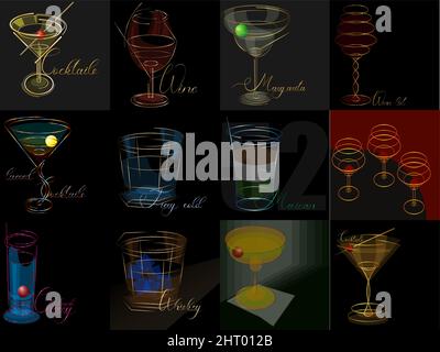 set of abstract minimal logo silhouettes of cocktail glasses on a dark background 1 Stock Vector