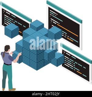 Programming development isometric composition with character of programmer building wall of cubes with code vector illustration Stock Vector