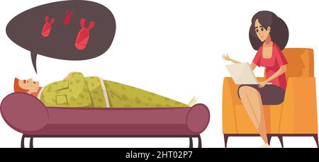Cartoon style composition with female psychologist talking to male patient isolated vector illustration Stock Vector