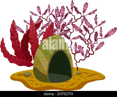 Red seaweeds and stone on sea bottom flat vector illustration Stock Vector