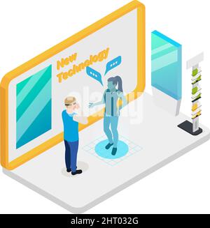 Modern innovative technology products exhibition isometric composition with visitor wearing virtual reality headset vector illustration Stock Vector