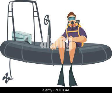 Scuba diving composition with isolated image of rubber boat with sitting character of diver vector illustration Stock Vector