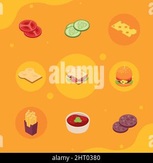 nine isometric fast food icons Stock Vector