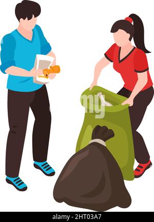 Isometric water ocean pollution composition with characters of man and woman gathering waste into sacks vector illustration Stock Vector