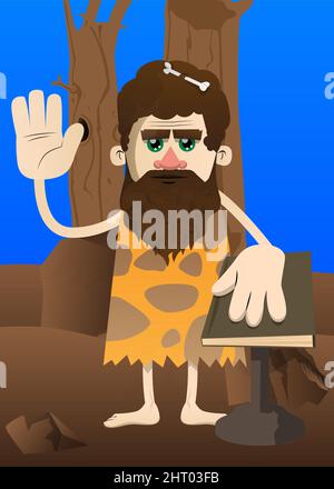 Cartoon prehistoric man raising his hand and put the other on a holy book. Vector illustration of a man from the stone age. Stock Vector