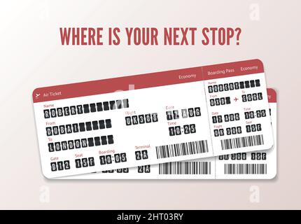 Couple of air ticket vector template with airport board letters for graphic design Stock Vector