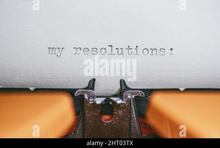 Old Typewriter with following text on paper - my resolutions. ne Stock Photo