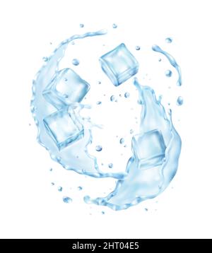 Realistic ice cubes splashes composition with view of cubes falling ...
