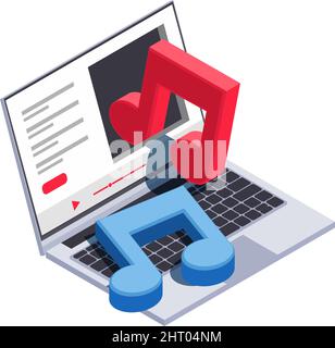 Social network isometric icons composition with isolated image of laptop with sound player and music notes vector illustration Stock Vector