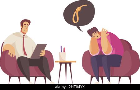 Man with mental problems thinking of suicide having psychological therapy session with male psychologist cartoon isolated vector illustration Stock Vector
