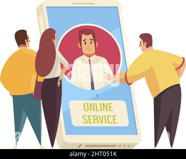 Support call center composition with call to tech support agent in smartphone screen surrounded by clients vector illustration Stock Vector