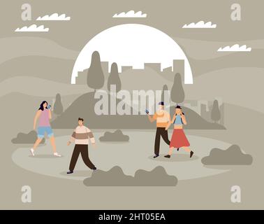 persons walking in landscape Stock Vector