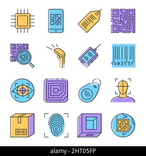 Qr code and barcode icon set in line style. Qrcodes and identification symbols collection. Vector illustration. Stock Vector