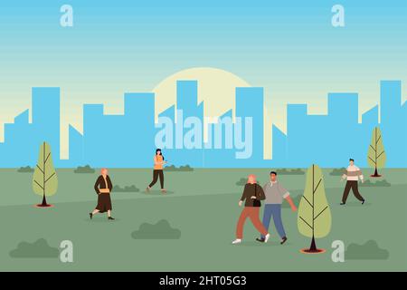 persons walking in the field Stock Vector