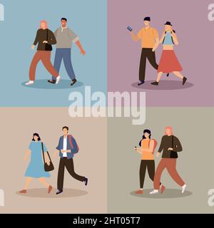 eight persons walking characters Stock Vector