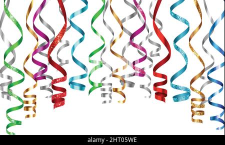 Curled ribbons serpentine realistic composition with isolated images of shiny festive decorations vector illustration Stock Vector