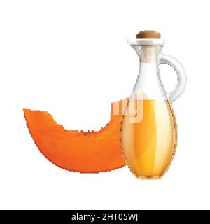 Food oil realistic icon with pumpkin slice and glass jar vector illustration Stock Vector