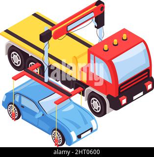 Isometric tow truck car vehicle transportation help road composition with isolated image vector illustration Stock Vector