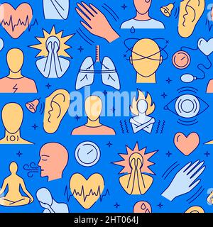 Seamless pattern with panic disorder symbols. Mental disorder background. Vector illustration. Stock Vector
