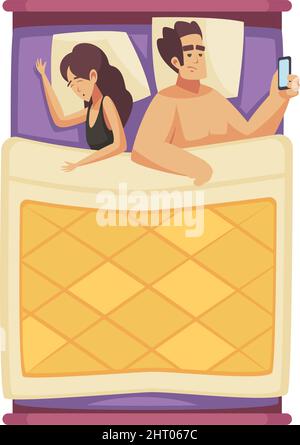 Sleep time composition with view of couple in bed with sleeping woman and awake man with smartphone flat vector illustration Stock Vector