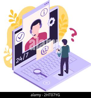 Isometric customer support faq composition with human character and laptop with email sign and envelope vector illustration Stock Vector