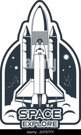 Space emblem monochrome composition with editable text and view of space shuttle taking off vector illustration Stock Vector
