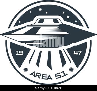 Space emblem monochrome composition with text area 51 and starry sky with flying ufo vector illustration Stock Vector
