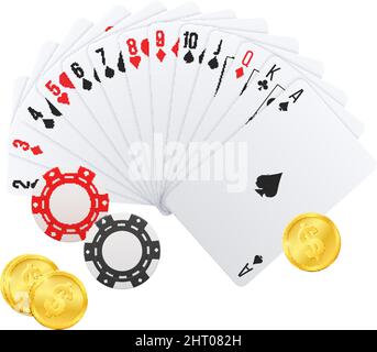 Realistic poker club casino composition with golden coins and chips with range of gaming cards vector illustration Stock Vector