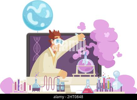 Video blogger composition with desktop computer and human character surrounded by scientific icons and signs vector illustration Stock Vector