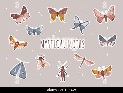Butterfly sticker collection in bohemian style. Cute hand drawn moth, dragonfly, bee and grasshopper. Isolated boho kids clipart. Vintage celestial Stock Vector