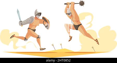 Cartoon composition with fight of two roman gladiators on arena vector illustration Stock Vector