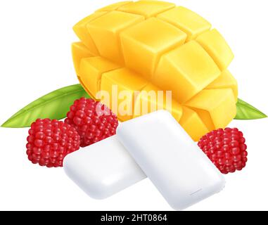 Fruit chewing gum pads with mango mint and raspberry realistic vector illustration Stock Vector