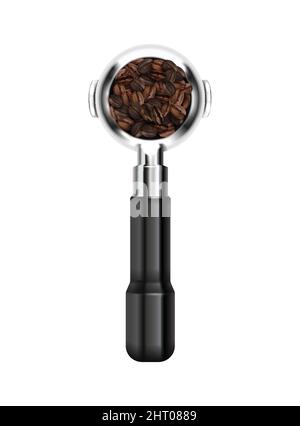 Barista coffee equipment realistic composition with isolated image of portafilter with coffee beans vector illustration Stock Vector